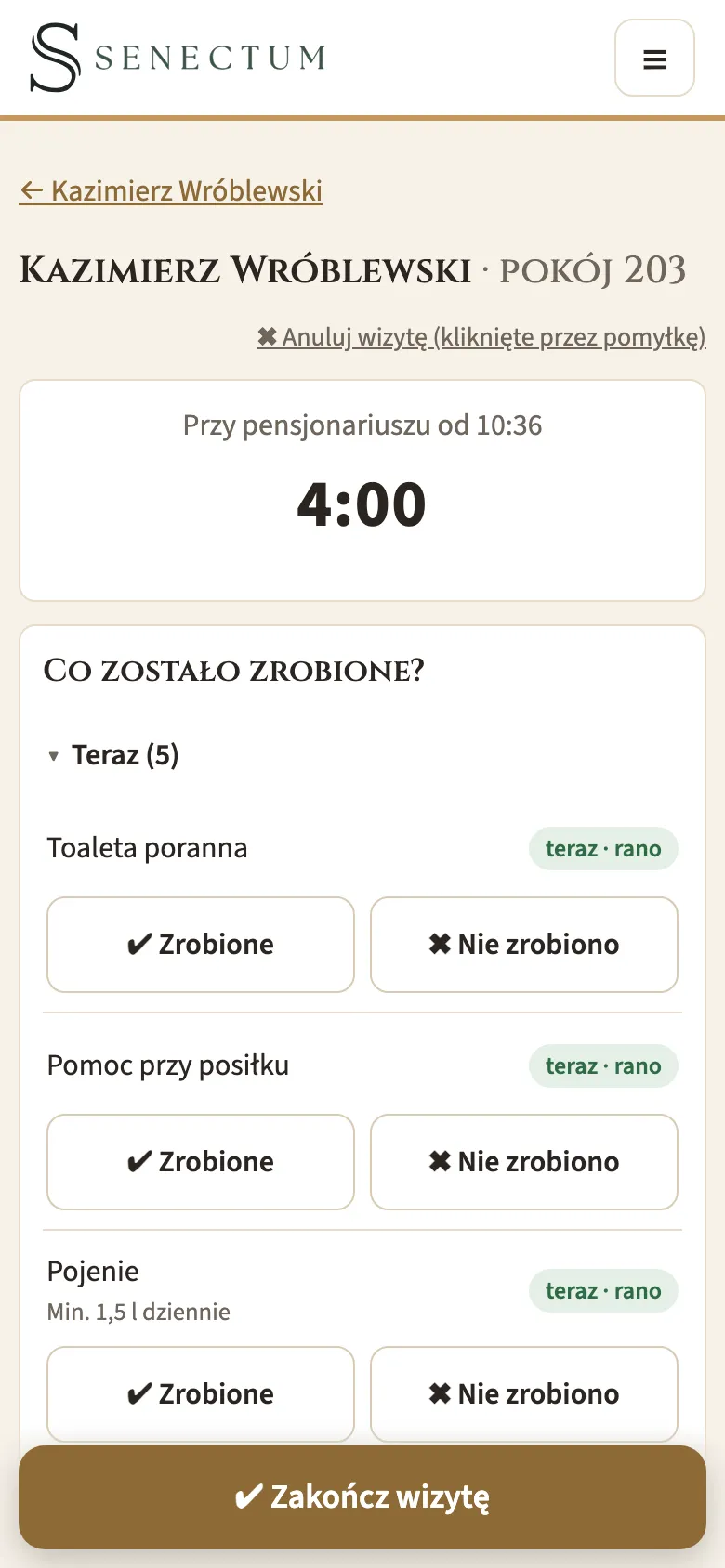 Ekran wizyty u pensjonariusza: lista czynności do odhaczenia (toaleta, posiłek, pojenie, pomiar ciśnienia)